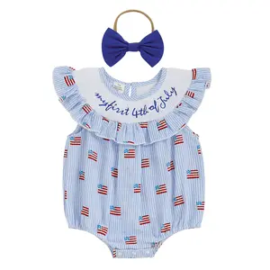 Infant Baby Girls Patriotic Romper Summer Flag Stripe Print Fly Sleeves Jumpsuit and Headband Set 4th of July 0-18 Months