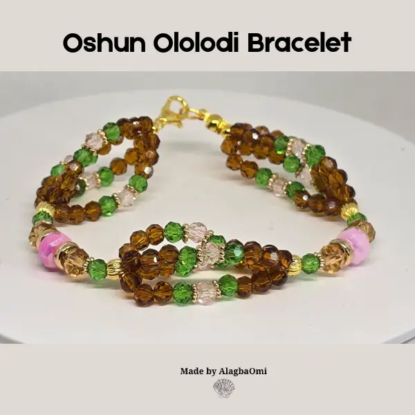Oshun Ololodi Bracelet - Handcrafted with honey, Green, and Pink Beads for Spiritual Protection  7.5 inches