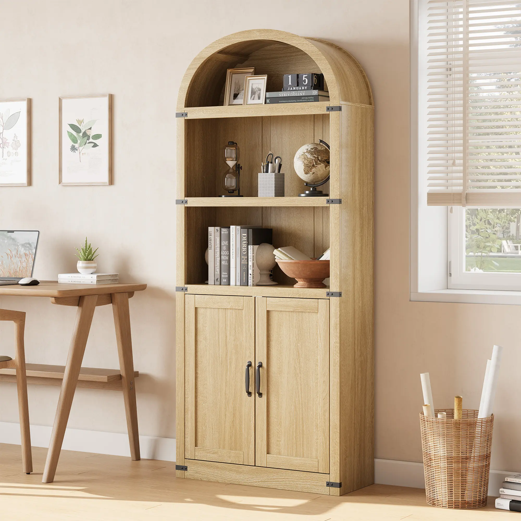 Farmhouse Arched 5-Tier Bookshelf with Doors, 71.65" Tall Wooden Storage Cabinet, Multi-Use Bookcase for Home & Office