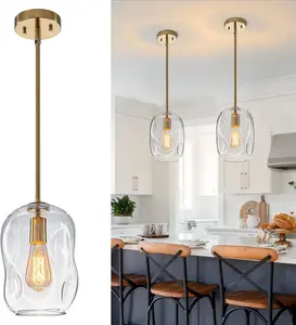 Glass Pendant Lights Kitchen Island -1 Light Gold Hanging Light Fixture Bar Modern Pendant Lighting Ceiling with 9.6" Height Clear Thick Organic Glass Shade for Kitchen Sink Dining Table,E26,1 Pack