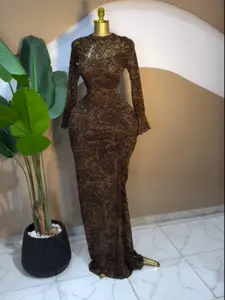 PULKRITU Women's Velvet Printed Ruched Sexy Dress, Formal Elegant Dress, Flare Long Sleeve O-Neck A-Line Maxi Dress, Fall & Winter Elegant Party Evening Gown