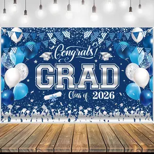 Blue Graduation Backdrop 2026 Class of 2026 Backdrop Congrats Grad Banner for High School College Ceremony Photo Wall Decor with Glitter -Gray Design Graduation Party Supplies Decor 71x43 Inch