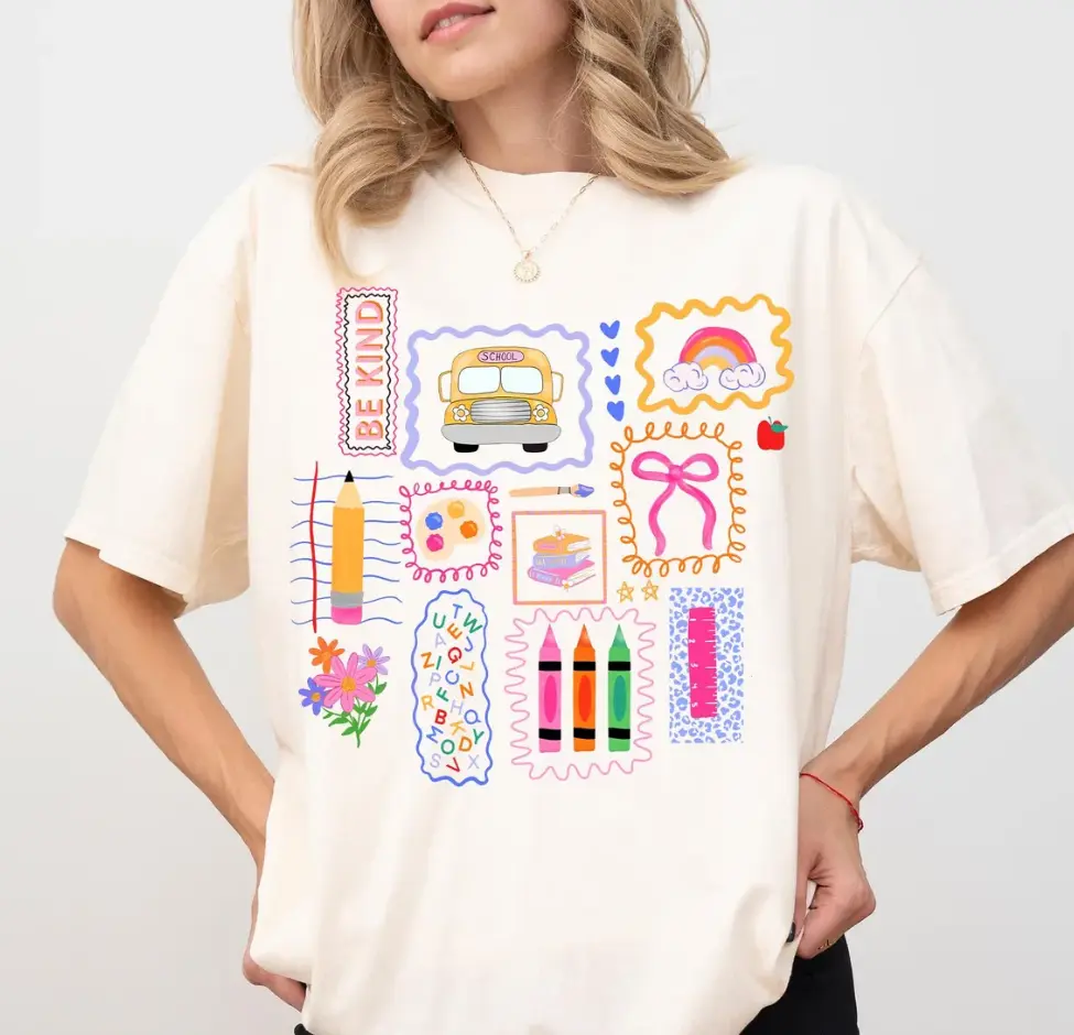 Colorful Doodle Back To School T-Shirt, Trendy Teacher Shirt, Preppy Coquette School T-shirt, Girly Pink Bow Tee, Teacher Gifts