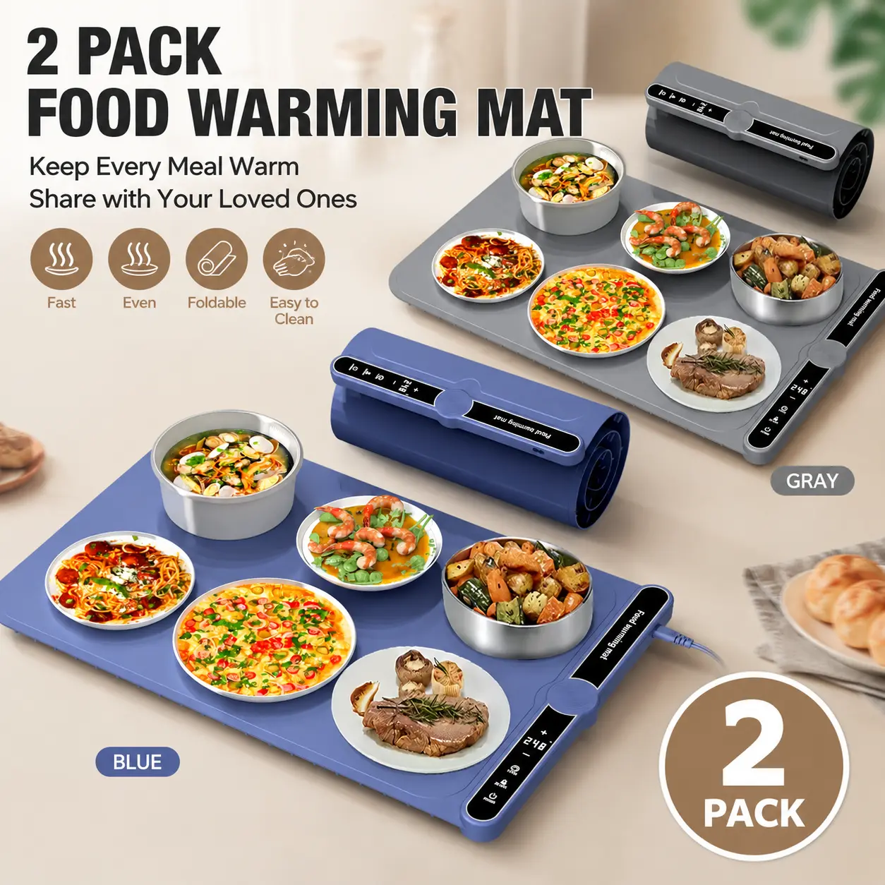 2 Pack Electric Food Warming Mat, Foldable Fast Heating Food Warmer Tray with Adjustable Temperature, Keep Meals Warm for Family Dinners, Parties & Buffets