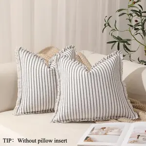 2PCS Throw Pillow Covers 18x18 Inch Striped Fringe Pillow Cover Farmhouse Cushion Covers with Tassel Neutral Boho Pillows Decorative Square Pillowcase for Couch Sofa Bed