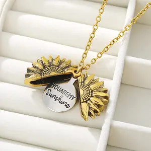 Sunflower Open Locket Women's Necklace 22" Chain "YOU ARE MY SUNSHINE" Pendant with Engraved Message, Fashion Vintage Flower Pendant Heartfelt Charming Elegant Jewelry