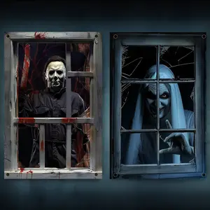 Halloween Fabric Creepy Curtain  Movie Poster Window Door Covering Decor for Haunted House, Scary Clings  Indoor Outdoor - 2 count