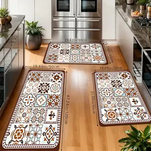 Boho Moroccan Tile Kitchen Rugs Set, Non-Slip Washable Floor Mats, Brown & White Geometric Floral Print Runner Carpets for Kitchen, Laundry & Farmhouse Decor