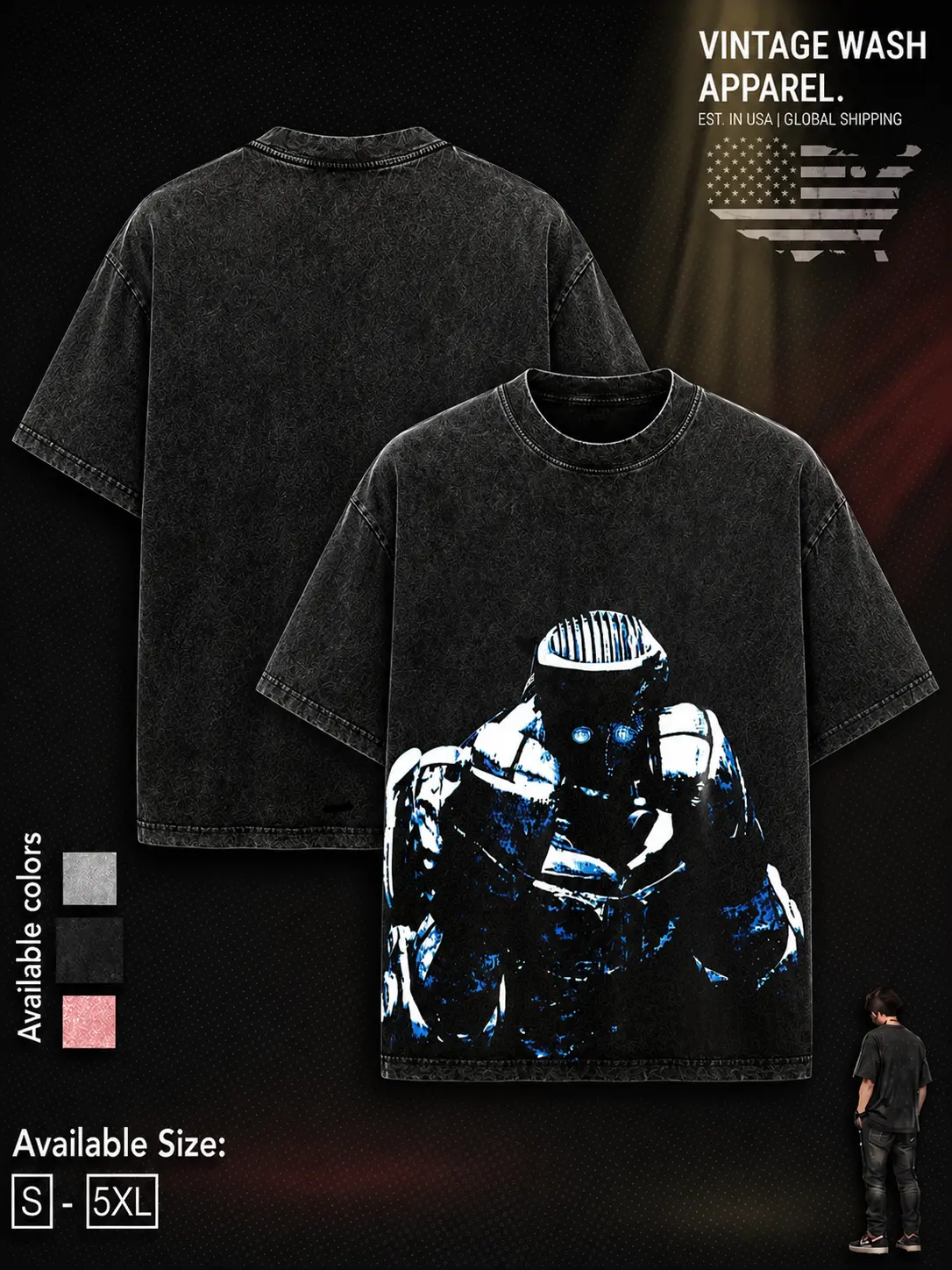 Real Steel Atom Battle Ready Vintage Washed Oversized Graphic T-Shirt for Men