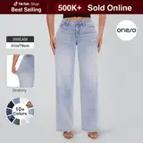 Magic ONESO Mid-low Rise Baggy Jeans Stretchy Wide Leg for Women Distressed Pants Womenswear Bottom 8001 Lady Basic Minimalist Comfortable Denim Tummy Control Curve Hugging Plus Size Regular Size BBL Fall Fashion Daily Outfits