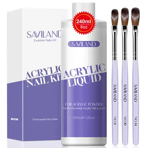 Saviland Monomer Acrylic Nail Liquid (8.11 fl. oz) with 3PCS Acrylic Brushes (Sizes 8/10/14) for Acrylic Powders Non-yellowing Formula