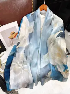 175cm*53cm Vintage Blue Silk Scarf, 100% Mulberry Silk Shawl for Women, Daily Accessory, Outing and Date, High-End Ink Painting, Gift for Mom