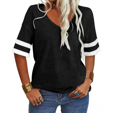 PiePieBuy Women's Cuff Splicing Soft V-Neck Half-Sleeve Lightweight Solid Rayon Fabric Loose Minimalist Top, Casual Comfortable Tops for Women, Back to School Outfits