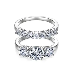 Women's 2-Piece Moissanite Three-Stone Ring Set — VVS1 Clarity Stackable Wedding Rings/ 14K Gold-Plated Engagement & Anniversary Jewelry Gift/ Comfortable Fit (Sizes 5–10)