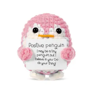 Cute Handmade Crochet Penguin Decorative Ornament, 1 Count Mini Positive Penguin with Positive Card, Soft Knitting Decoration Gift for Birthday Gifts & Room Decor, Stuffed Animal, Plush Toy