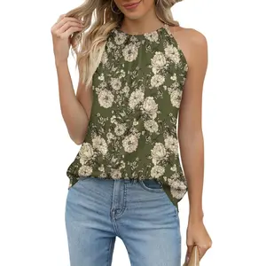 Summer Halter Tank Tops for Women Loose Fit Pleated Tie Back Sleeveless Tops Casual