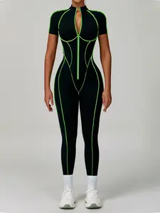 Y2K Women's Backless Shapewear Jumpsuit, Fluorescent Stripes, Front Zipper, Street Style, Easy Curve Sculpting, Sporty One-Piece, Backless Sports Jumpsuit