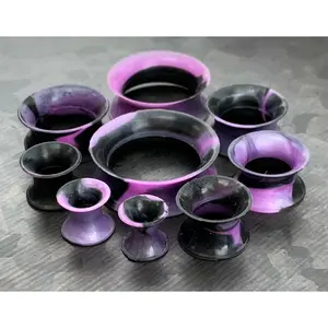 PAIR Stunning Black & Purple Swirl Ultra Thin Silicone Double Flare Tunnels/Plugs - Gauges 4g (5mm) thru 7/8" (22mm)