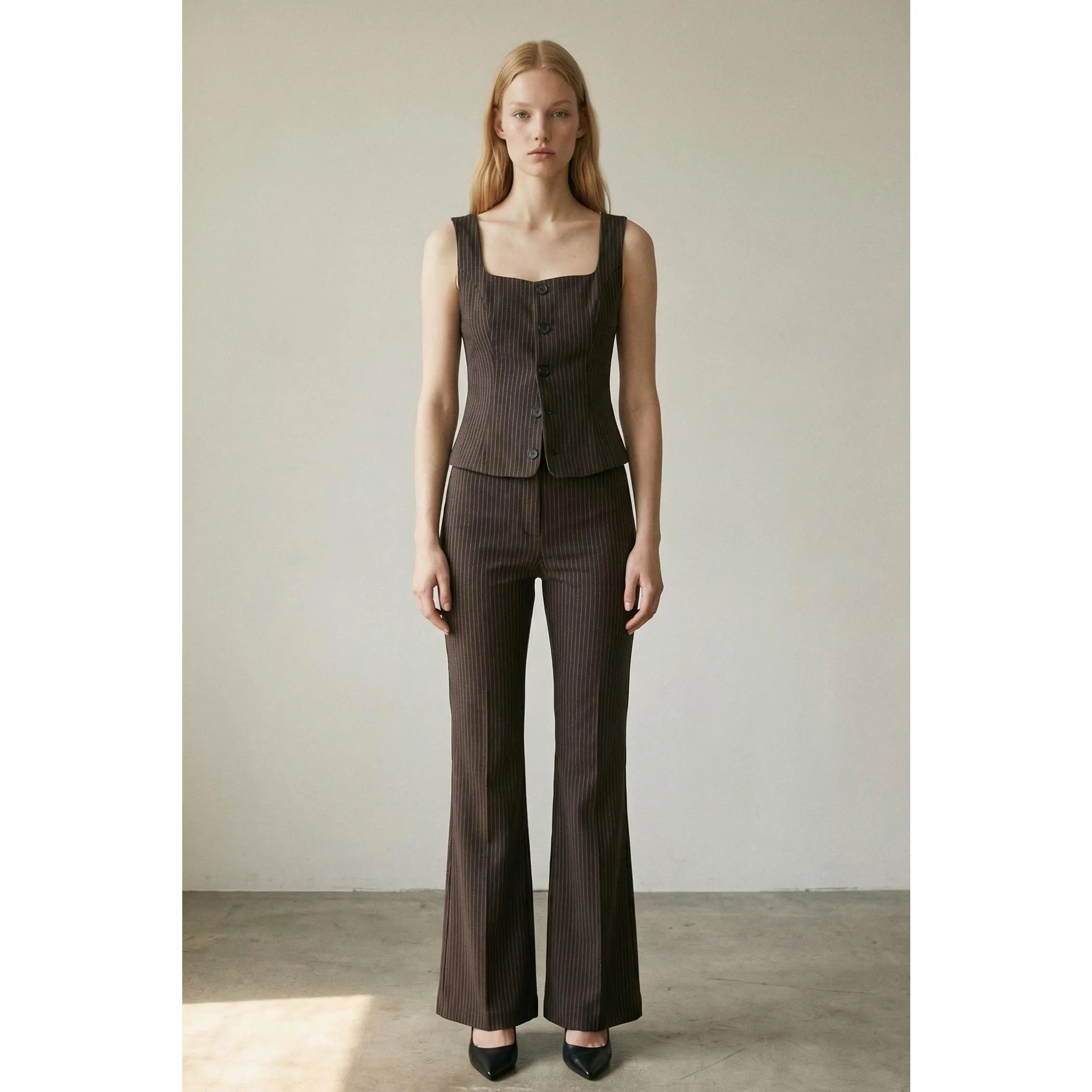 2 Piece Pinstripe Knit Vest W/ Flare Pants Sets