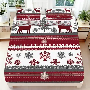 2/3 Pcs 2D Flat Christmas Themed Fitted Sheet Set Reindeer Snowflake Pine Tree Bedding Set Quilt Cover 1 Fitted Sheet + 1/2 Pillowcases Festive Top Sheet Decorative Bedding Bedroom Decor
