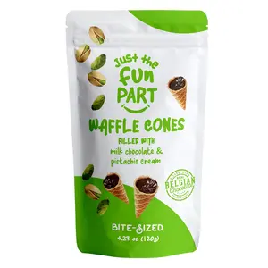 Just the Fun Part Mini Waffle Cones filled with Pistachio Cream & Milk Chocolate Dessert Snack Crunchy Bite Flavor Bonbon