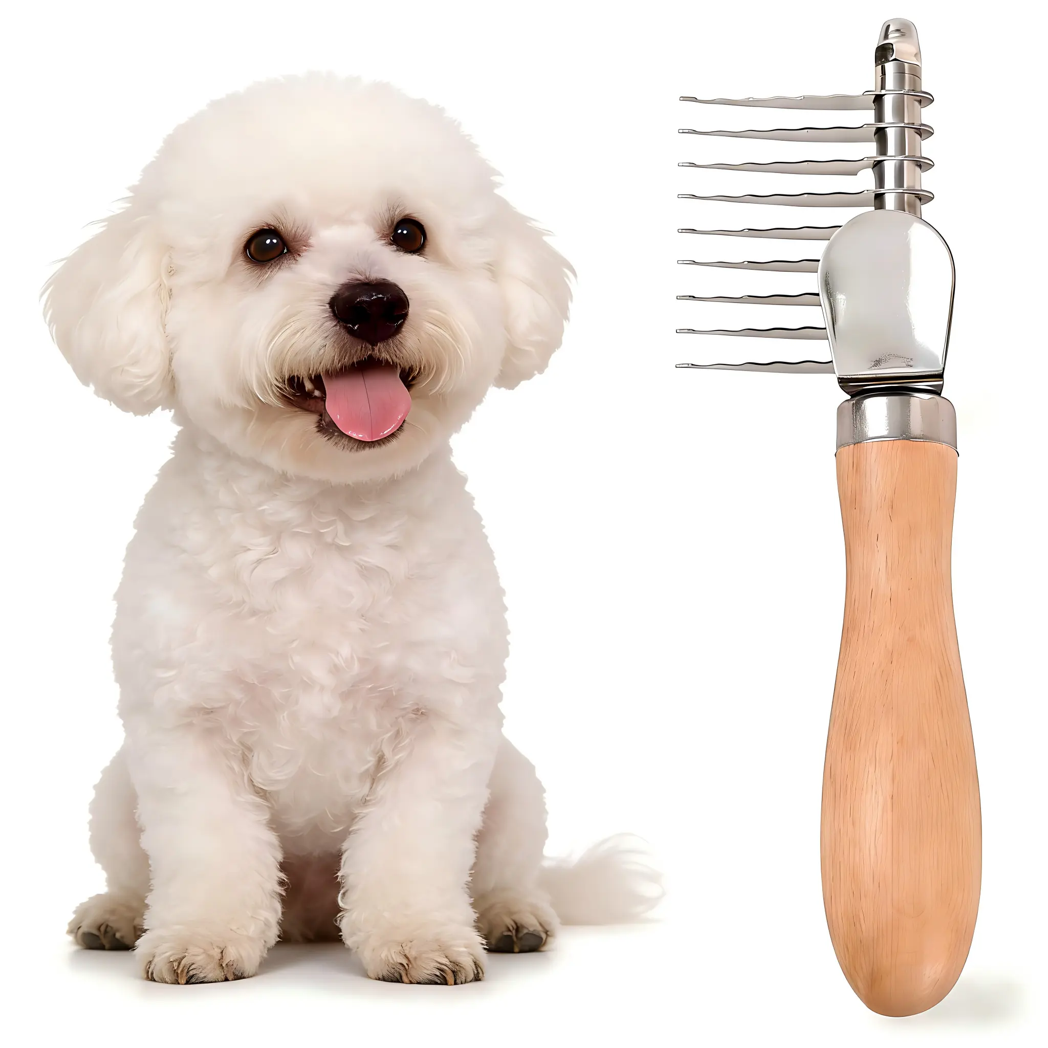 Stainless Steel Pet Dematting Comb - Grooming Rake Shedding Tools, Undercoat Rake Shedding Tools, Ergo Grip Anti-Slip Handle, Round Gentle Teeth, Mat Removal, De-Tangle Fur, Fluffs Coat, Ideal for Long-Haired Dogs & Cats