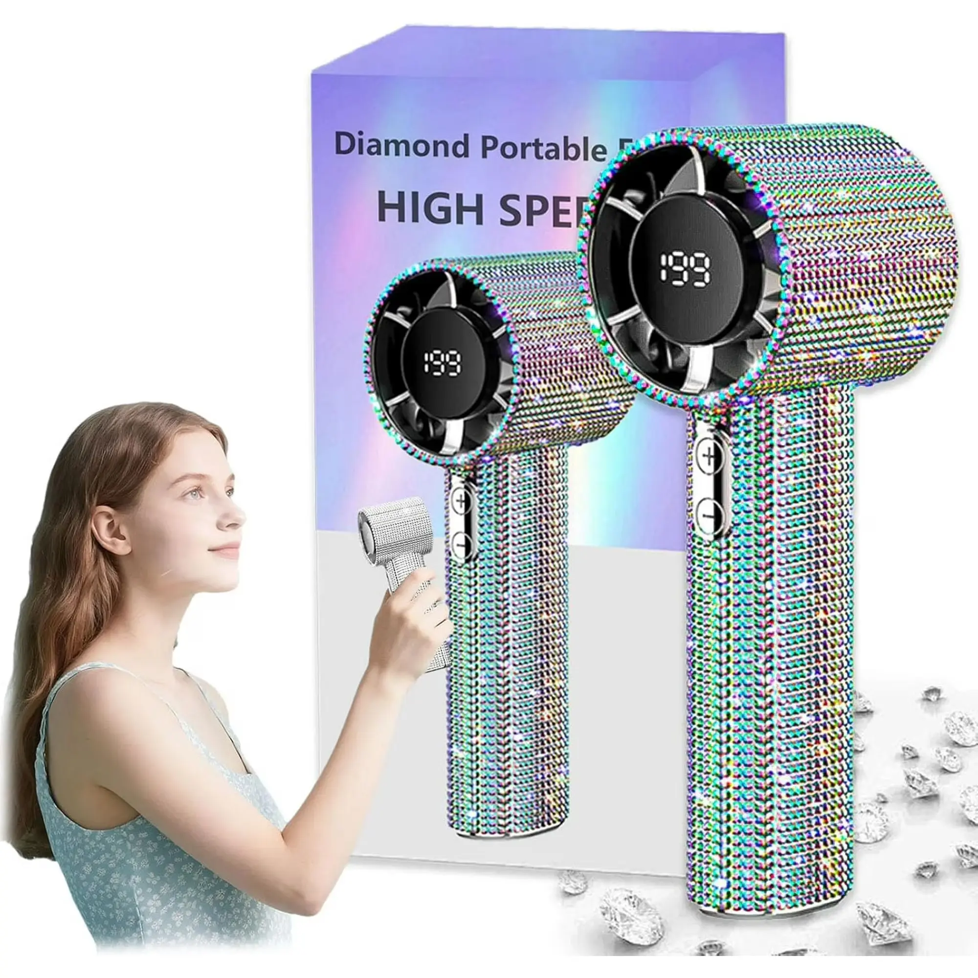 Diamond-Shimmering Luxury Fan-A Portable Handheld Turbo Fan 3 Gear Wind Rechargeable Long Battery Life Hand Fan With Digital Display For Outdoor Activities Travel Office Strong Boosting Output Long Distance Blowing