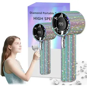 Diamond-Shimmering Luxury Fan-A Portable Handheld Turbo Fan 3 Gear Wind Rechargeable Long Battery Life Hand Fan With Digital Display For Outdoor Activities Travel Office Strong Boosting Output Long Distance Blowing