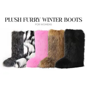 CYNLLIO Womens Plush Furry Winter Boots Round Toe Slip On Knee High Comfy Snow Boot Faux Fur Fluffy Warm Suede Lined Flat Non Slip Thick Rubber Sole Booties for Outdoor Party Indoor Fall Winter Fashion Shoes