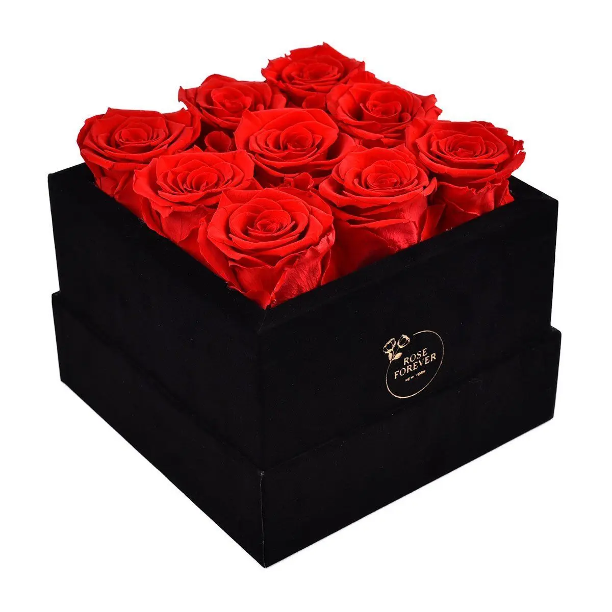9 Red Roses - Square Black Velvet Box