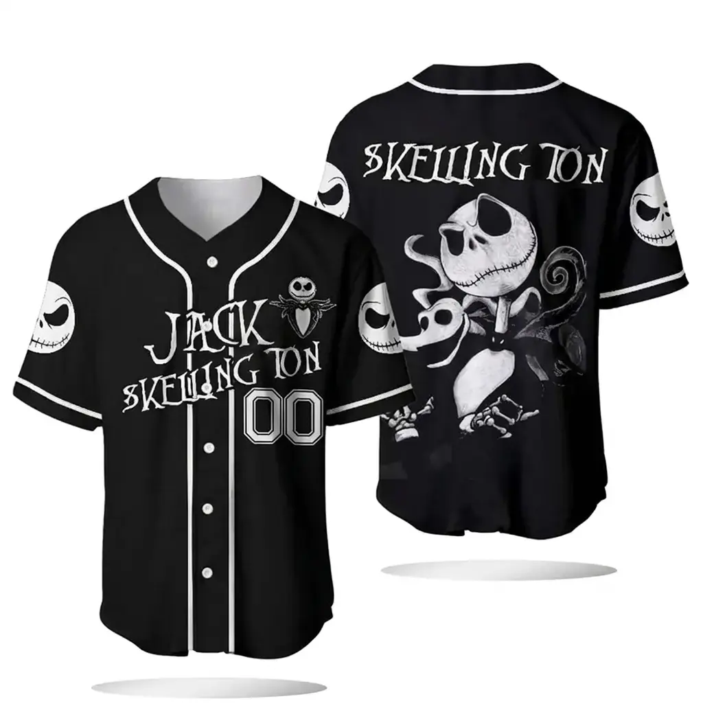 Sk3lljngton Baseball Jersey, Personalized Custom Name Nightmare Before Christmas Halloween Shirt Jerseys Breathable Men's Baseball Jersey 3D Printed Unisex Horror Outfit For Halloween Movie Gift Shirt