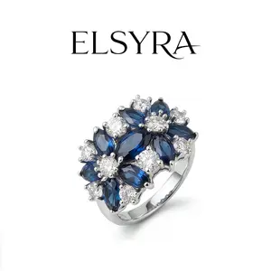 Elsyra S925 Sterling Silver with Zirconia Wedding Ring for Adults - Blue Elegance Ring with Flower Design for Valentine's Day, Mother's Day, and Wedding