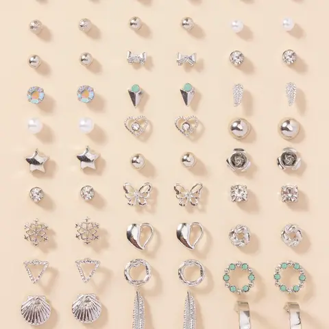 30 Pairs Fashion Elegant Rhinestone Decorated Stud Earrings Set, Heart & Butterfly & Leaf Design Earrings, Casual Jewelry for Women