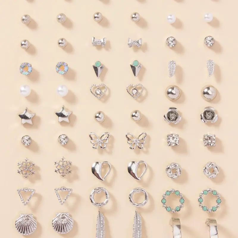30 Pairs Fashion Elegant Rhinestone Decorated Stud Earrings Set, Heart & Butterfly & Leaf Design Earrings, Casual Jewelry for Women