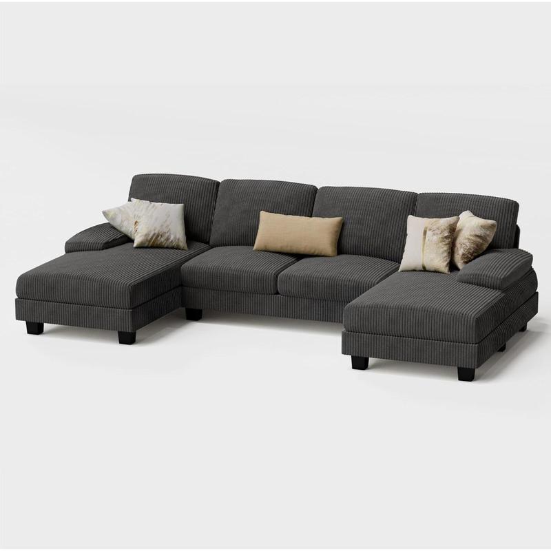 U-Shaped Sectional Sofa with Double Chaise, 4-Seat Couch with Corduroy Upholstery for Living Room or Apartment – Dark Grey