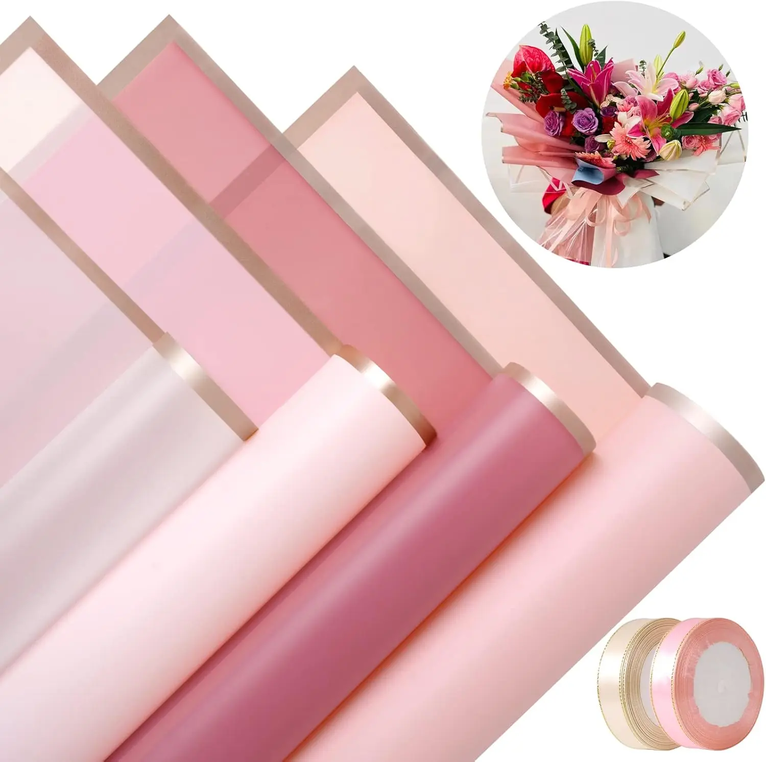 Flower Wrapping Paper, 20 Frosted Waterproof Sheets with Gold Lines for Wedding Bouquets, DIY Craft Pack with 2 Satin Ribbons, Diy Enthusiasts, Soft Texture, Thickened, Protective