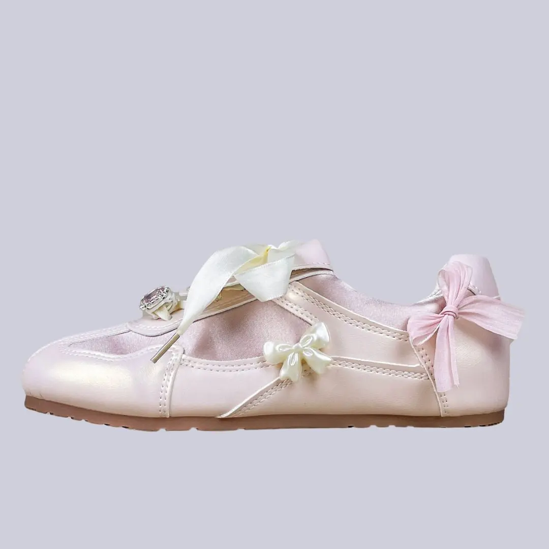Coquette Porcelain Blush Pink Bow Charm Sneakers - Women's