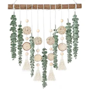 21’’ Eucalyptus Wall Hanging Decor Artificial Eucalyptus Plant Fake Greenery Leaves Boho Wall Decor with Wooden Stick Hand Hook Interior Decoration Accessories Tropical Floral Design Hangable Round