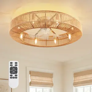 31.5" Boho Caged Fandelier with Lights Flush Mount Rattan Ceiling Fan with Lights and Remote Control, Enclosed 6 Speeds Low Profile Fan Light for Bedroom, Living Room, Kitchen