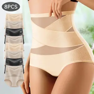 Say no to Low-Quality Underwear—8 Pieces of Women's Underwear, High Waist Briefs, With Cross Straps Tummy-Control and Hip-wrapping Panties, Body Shaping Close-Fitting and Skin-Friendly Sports Wear 7138 Minimalist Breathable