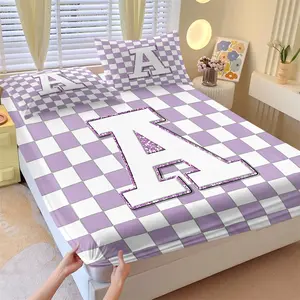 ✨ 3PCS Trendy Preppy Purple Checkerboard Letter Fitted Sheet Set, No Fillers, Stylish Bedding Set, Deep Pocket All-around Elastic Design,Chic Modern Aesthetic, Perfect for Girls Teens Bedroom, Dorm, Apartment, All Season Indoor Home Room