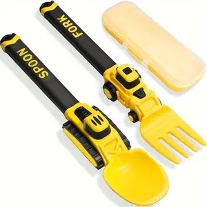 Cartoon Children's Fork and Spoon Set with Oil Tank Truck Design Plastic Tableware for Fruit Self-feeding Yellow Black with Storage Case