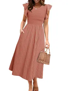 BerryGo Womens Striped Midi Summer Dress Ruffle Cap Sleeves Beach Dress Smocked Flowy Maternity Dress with Pockets