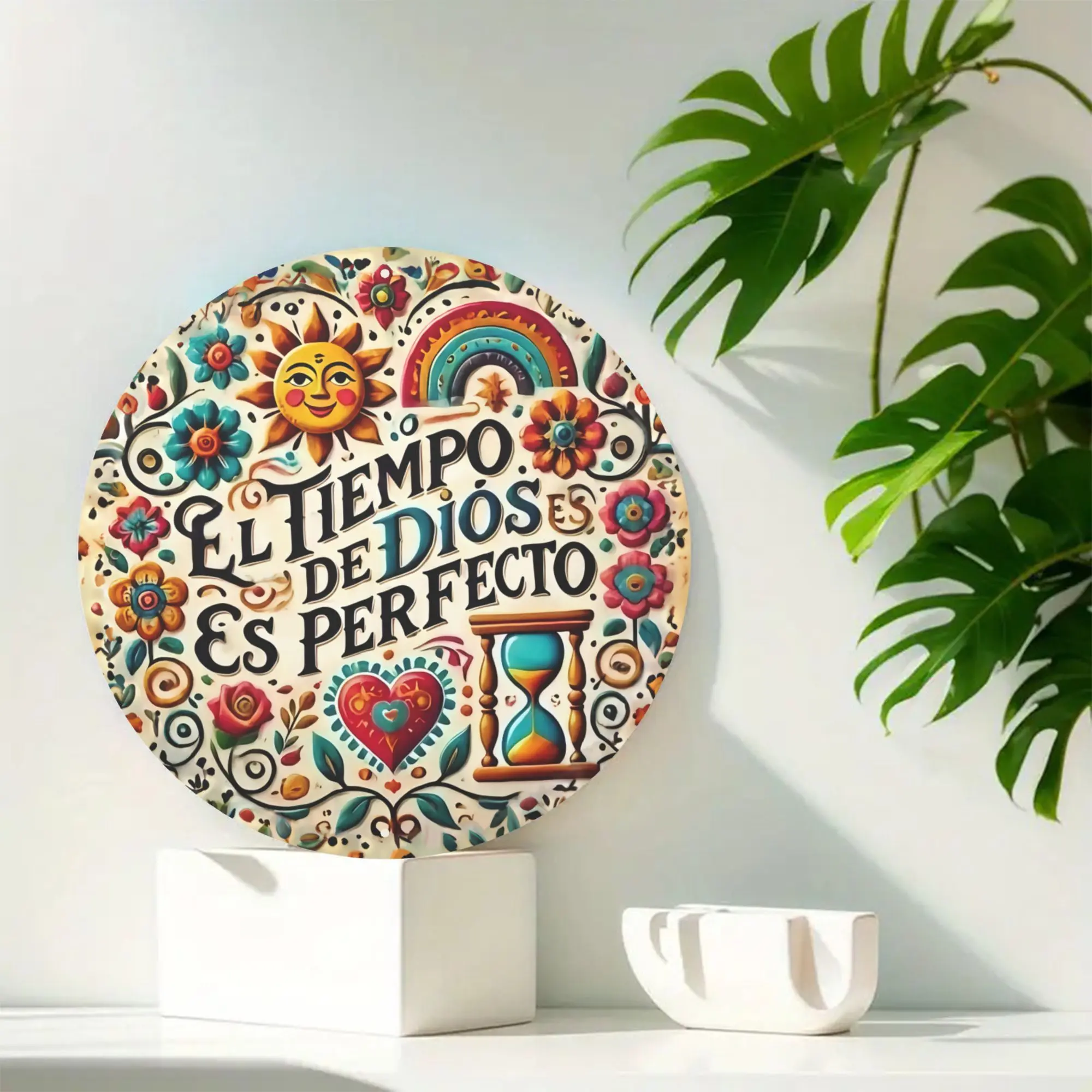 8x8 in "El Tiempo de Dios Es Perfecto" Vibrant Floral Heart Metal Tin Sign - Aluminum Art Plaque, Indoor/Outdoor Home Decor for Patio, Garden, Room Supplies