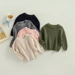 Unisex Girls/Boys Toddler Baby Solid Color Shrink-Free Cotton Yarn Knitted Pullover Sweater - Long Sleeve, Round Neck, Loose Cut, Relaxed Fit, Casual Long Sleeve Shirt for Fall & Spring Outfits