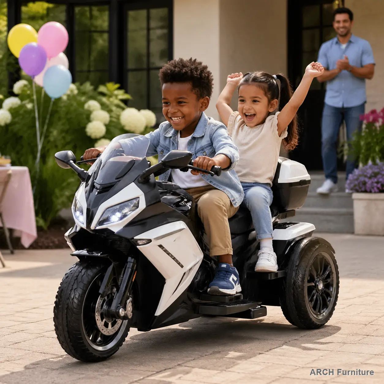 ARCH 12V Two motors Kids Ride On Level Up Two-seater  Electric Motorcycle,Three-wheel Toy w/Music,Bluetooth,USB,Backseat flip adult seat,Portable Storage Hooks&Oversized  Trunk,LED Headlight  For Kids 3-6.
