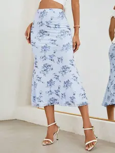 Women's Light Blue Floral Mesh Skirt, Double Layer Design & Mermaid Hem, Elegant Flower Pattern, Perfect for Daily Wear, Dates, Spring Summer, Casual Fashion Skirt