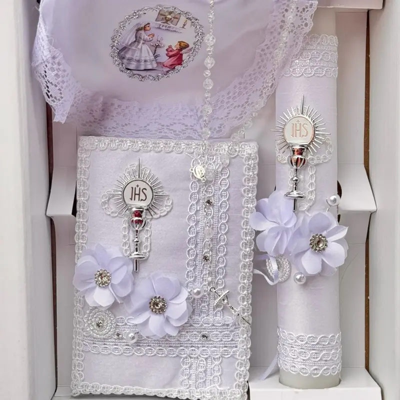 Traditional 4-Piece Ivory First Communion Ceremony Candle Set - Boxed, Decor-Friendly, Giftable with English and Spanish Text for Festive Home & Cake Decoration Needs