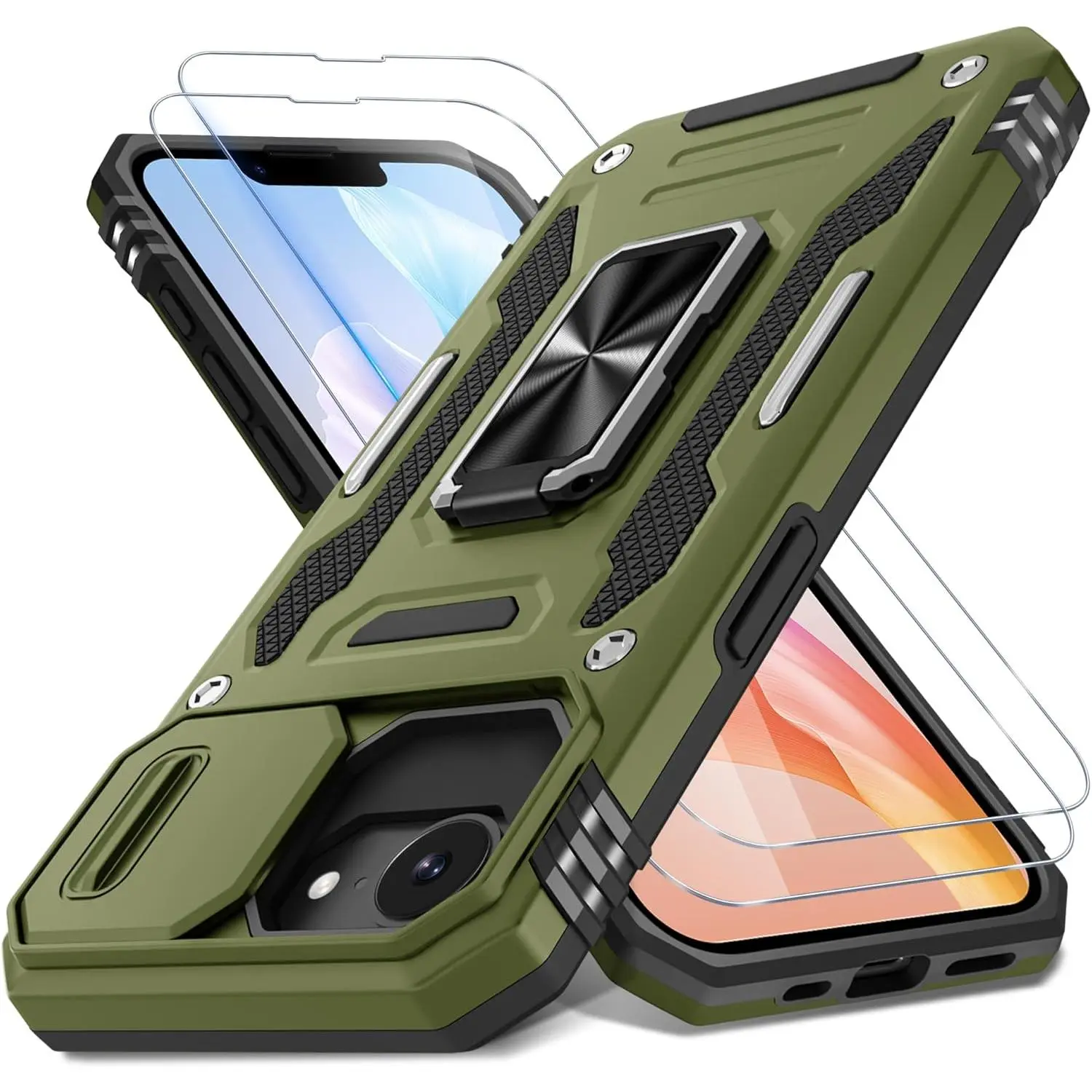 Military Grade Shockproof Case for iPhone 16E / SE4 2025 (6.1-Inch) with Rotating Kickstand and Slide Camera Cover, Includes 2 Screen Protectors, Olive Green Sports Phone Accessories, Casing, For Iphone 16E-6.1 Inch, Protection, Smartphone