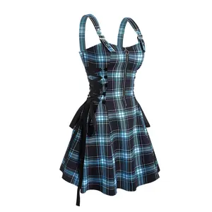 Chic Women's Plaid Print Dress with Zipper & Buckle Straps - Casual Off-Shoulder, A-Line Skirted Design, Polyester, Machine Washable - Blue & Black